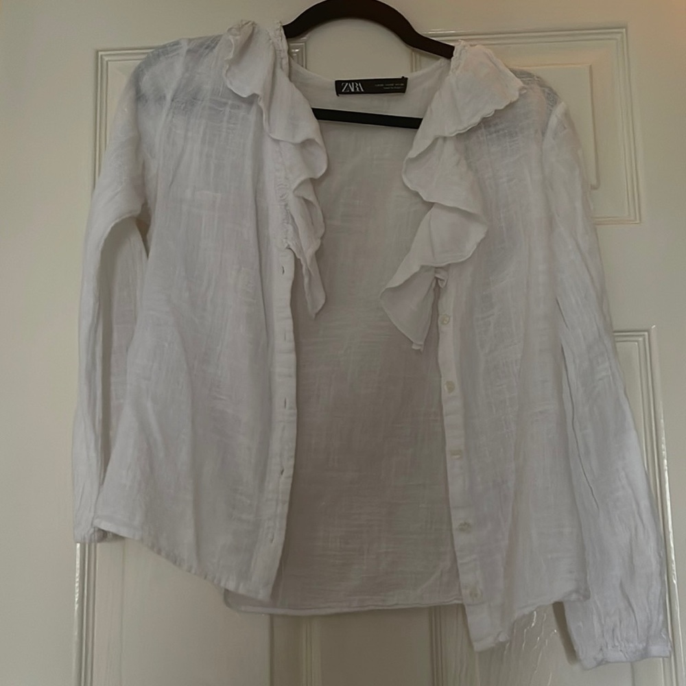 ZARA xs white ruffle linen button down shirt